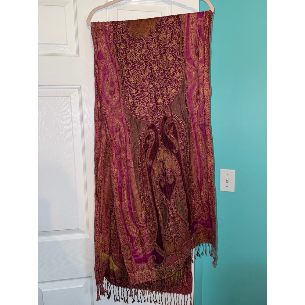 Paisley Pashmina Shawl Scarf Magenta Burgundy Bronze Woven Fringe Wrap Boho